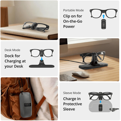 BOBOVR CG2 Charging Dock Compatible with Ray-Ban Meta (Wayfarer/Headliner/Skyler) & Oakley HSTN – Magnetic Desk Dock + Portable Battery Clip, Smart Glasses Charger with Travel Case