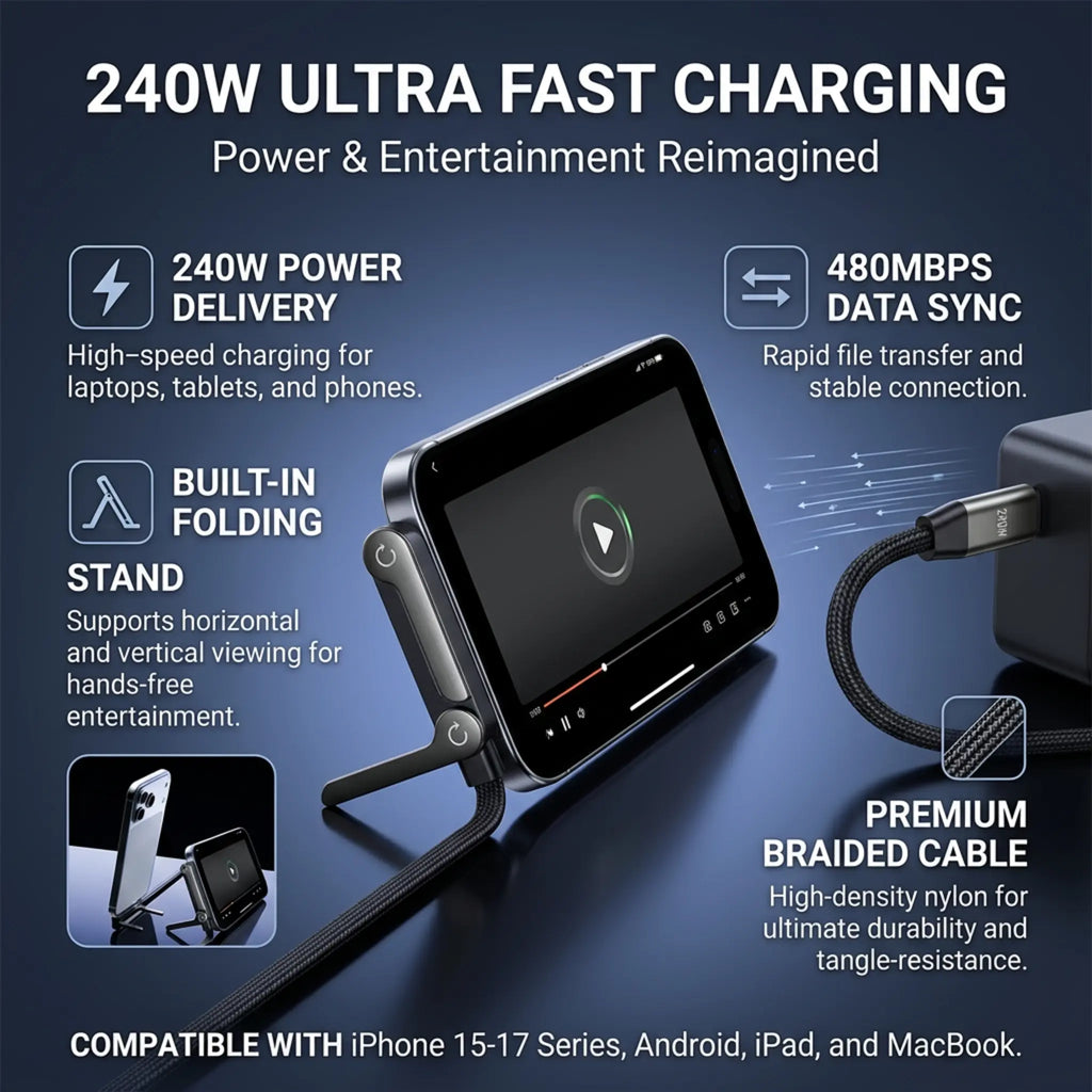 Sideways Phone Charger, 2 in 1 Invisible Holder Charger Cable, 240W Braided Fast Charge Cable with Built-In Phone Stand, 2026 New Foldable Durable USB-C Cord for Phone